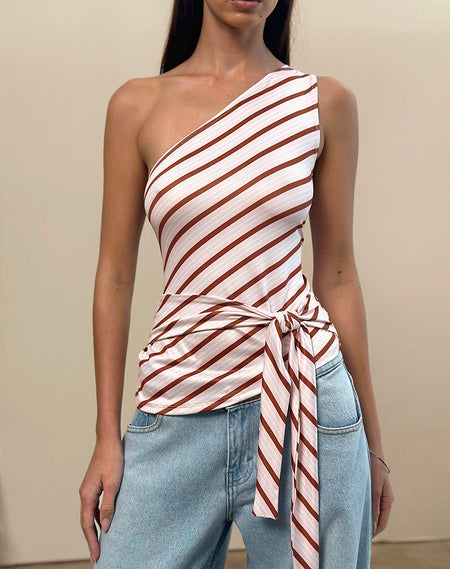 Sarla One Shoulder Top in Diagonal Stripe Pink