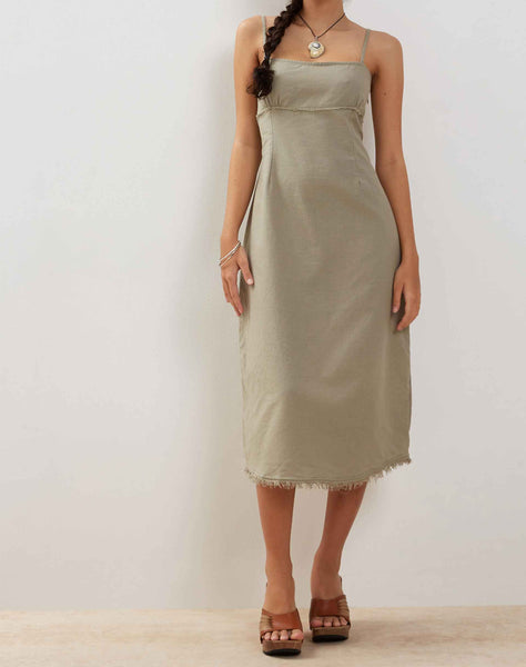 Image of Una Distressed Hem Midi Slip Dress in Slate Green Linen