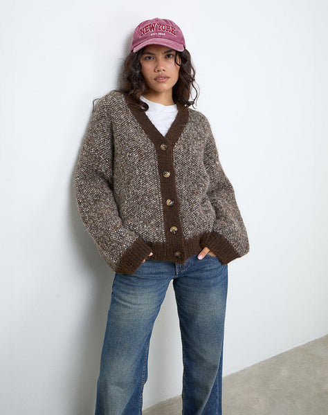 Image of Ura Oversized Knitted Cardigan in Brown and Cream