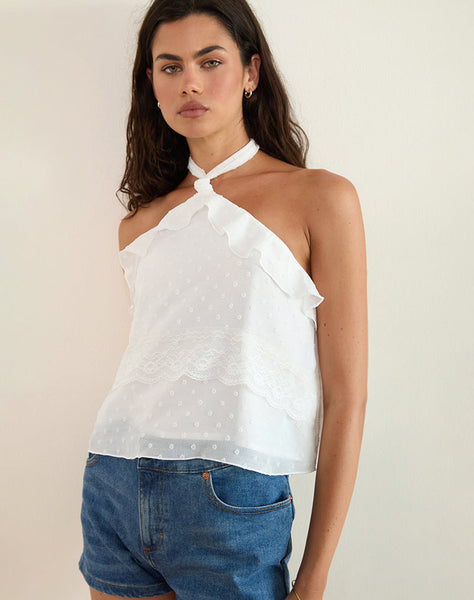 Image of Uran Halterneck Top in Dobby Chiffon Lace White