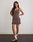 Image of Vadora Frill Hem Mini Dress in Brown with Big Polka Cream
