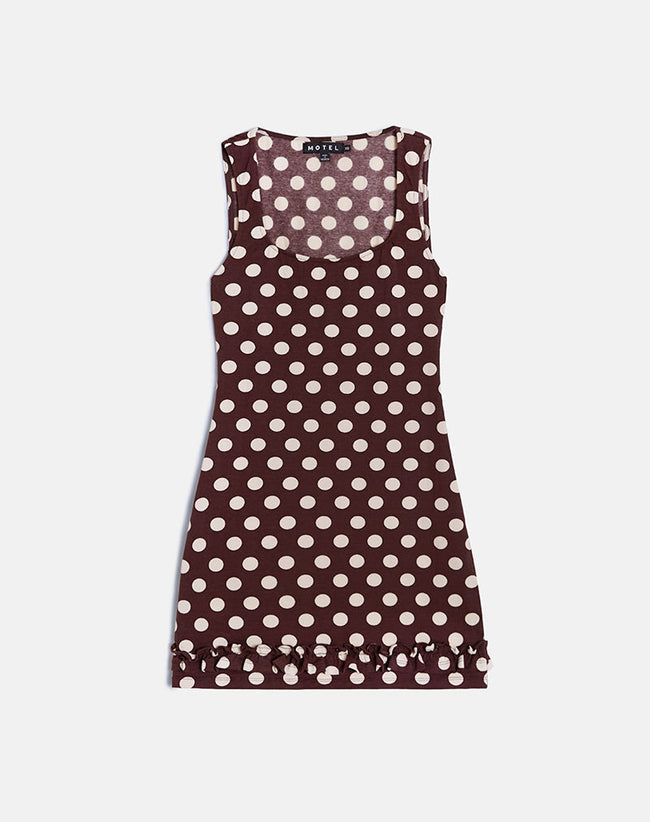 Image of Vadora Frill Hem Mini Dress in Brown with Big Polka Cream
