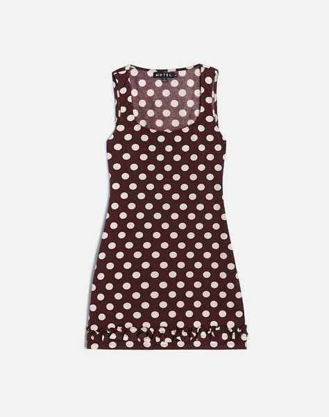 Image of Vadora Frill Hem Mini Dress in Brown with Big Polka Cream