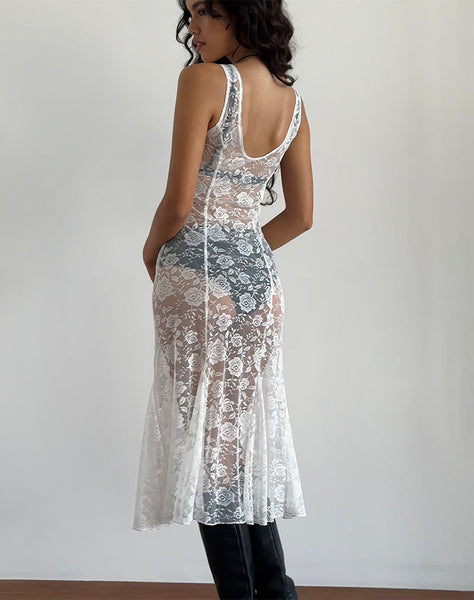 Image of Valea Unlined Midi Dress in Ivory Big Rose Lace