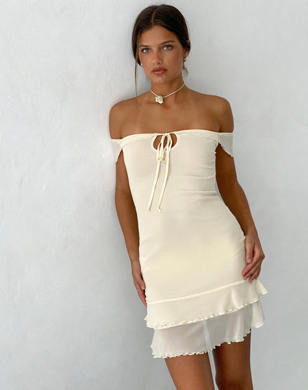 Litera Ruffle Rosette Mini Dress in Cream