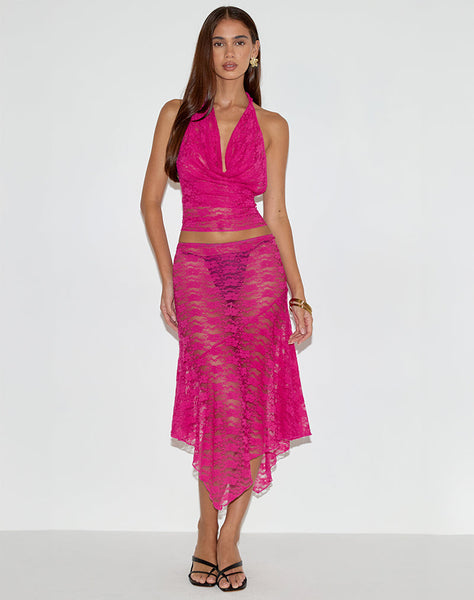 Image of Cinta Low Rise Midi Skirt in Orchid Lace Hot Pink
