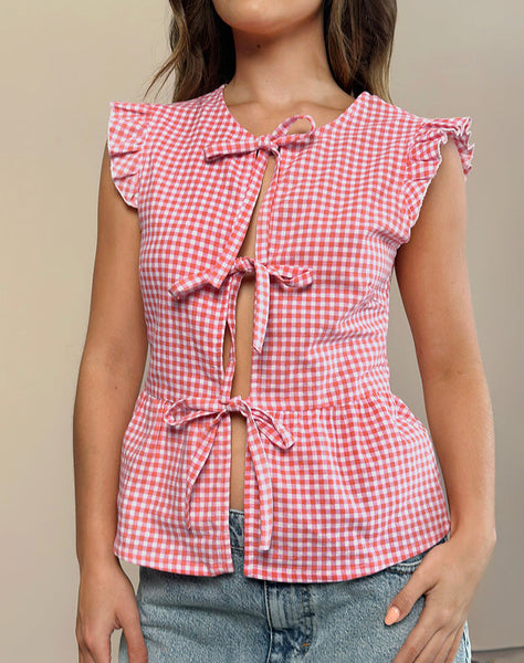 Image of Vataka Tie Front Top In Mini Gingham Peach