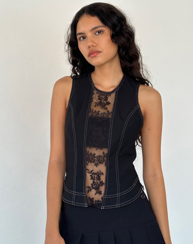 Image of Verbena Lace Panel Top in Black Tailoring