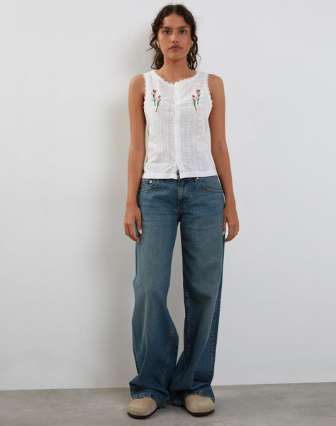 Image of Vezia broderie Sleeveless Top in White with Rose Embroidery