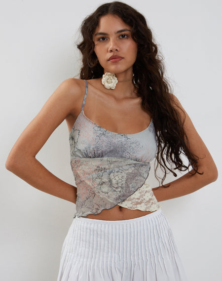 Warica Asymmetric Cami Top in Blue Paisley Abstract Rustic