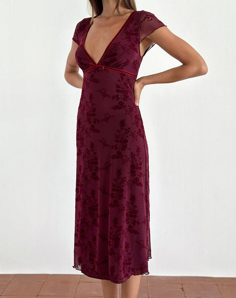 Image of Vilinia Midi Dress in Botanical Flower Maroon