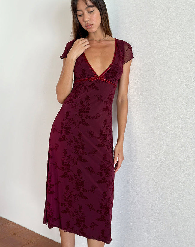 Image of Vilinia Midi Dress in Botanical Flower Maroon