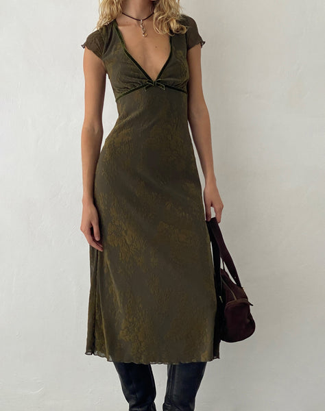 Image of Vilinia Midi Dress in Abstract Botanic Dark Olive