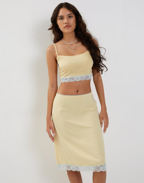 Image of Resika Low Rise Midi Skirt in Satin Pale Yellow