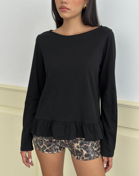 Image of Vivala Boxy Long Sleeve Top in Black with Frill Hem