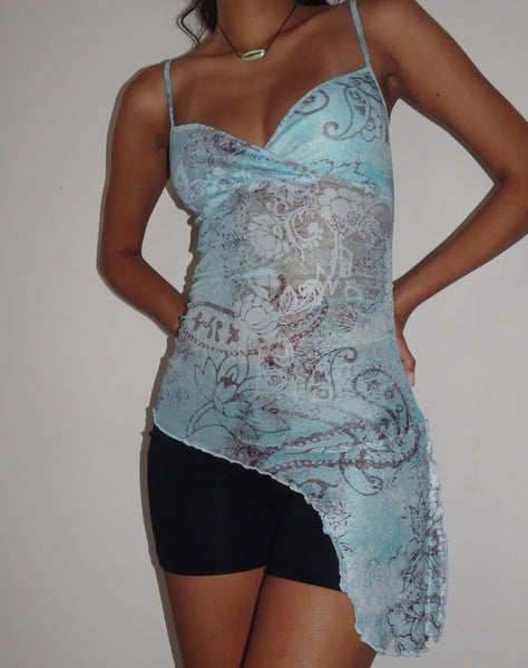 Image of Warica Asymmetric Cami Top in Blue Paisley Abstract Rustic