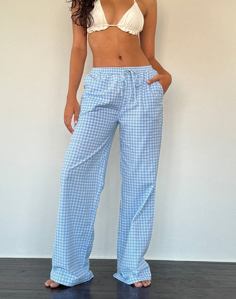 Image of Wasic Wide Leg Linen Trouser in Blue Gingham