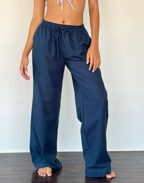 Image of Wasic Wide Leg Linen Trouser in Navy