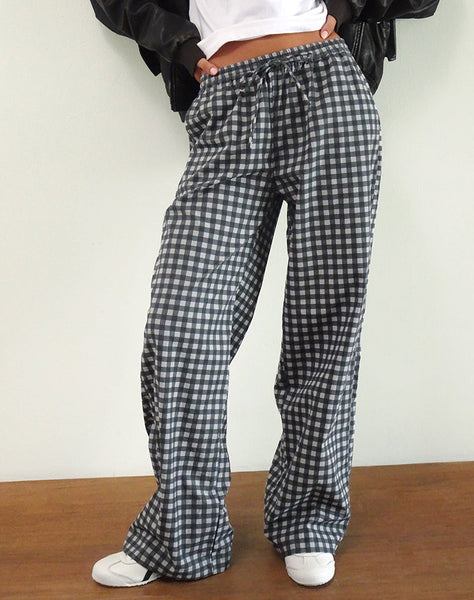 Image of Wasic Wide Leg Linen Trouser in Tonal Black and Grey Gingham