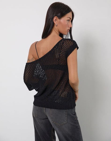 Image of Weavora Slash Neck Top in Open Knit Black