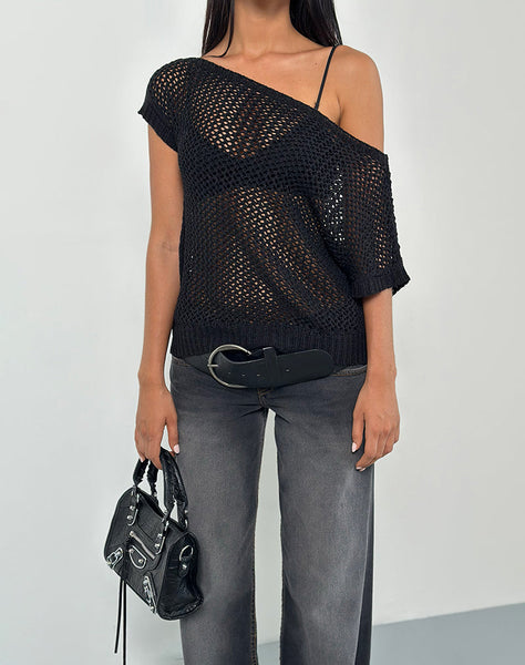 Image of Weavora Slash Neck Top in Open Knit Black