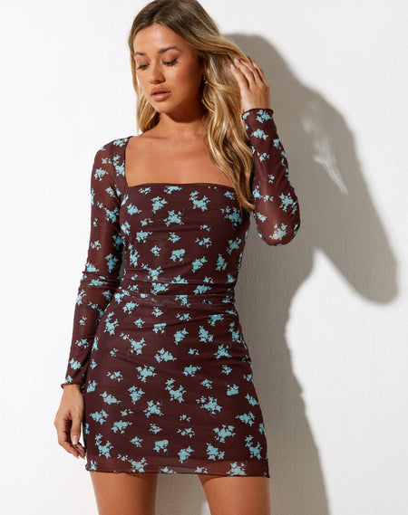 Yakinta Mini Dress in Femme Floral Blue and Brown