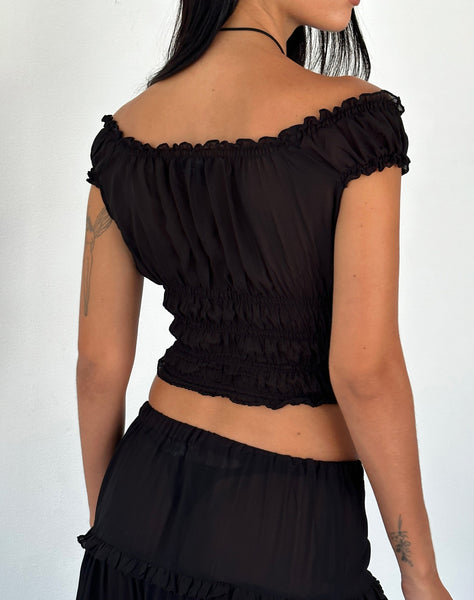 Image of Xavi Shirred Bardot Top in Chiffon Black