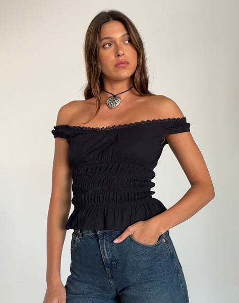 Image of Xavinia Shirred Bardot Top in Black Poplin