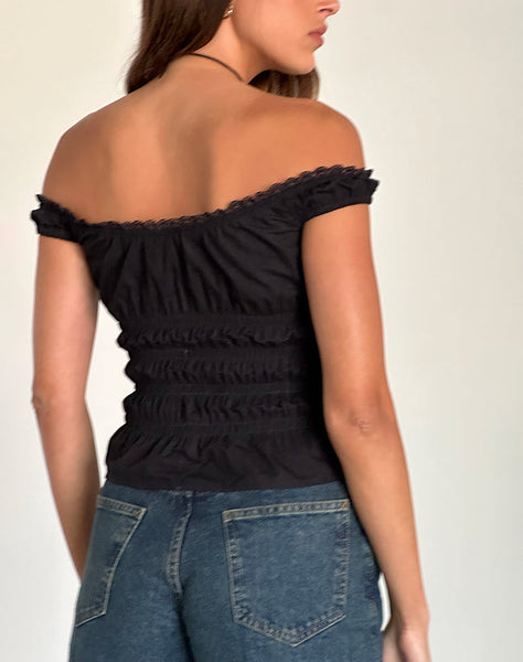 Image of Xavinia Shirred Bardot Top in Black Poplin