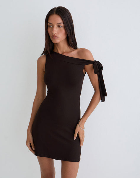 Image of Xeenia One Shoulder Mini Dress in Chocolate Brown