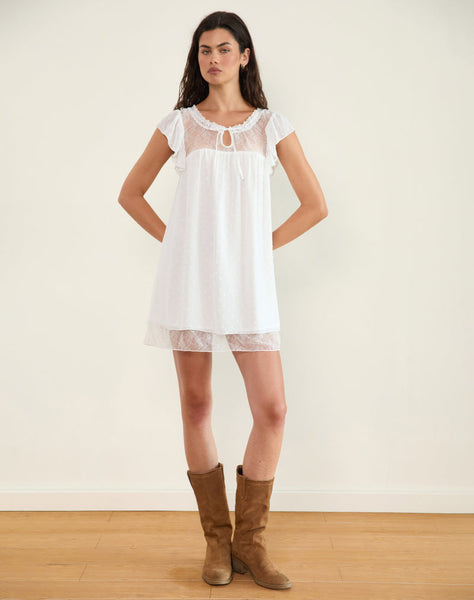 Image of Yagis Smock Mini Dress in Dobby Chiffon White Lace