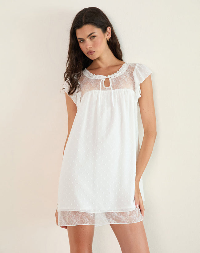 Image of Yagis Smock Mini Dress in Dobby Chiffon White Lace