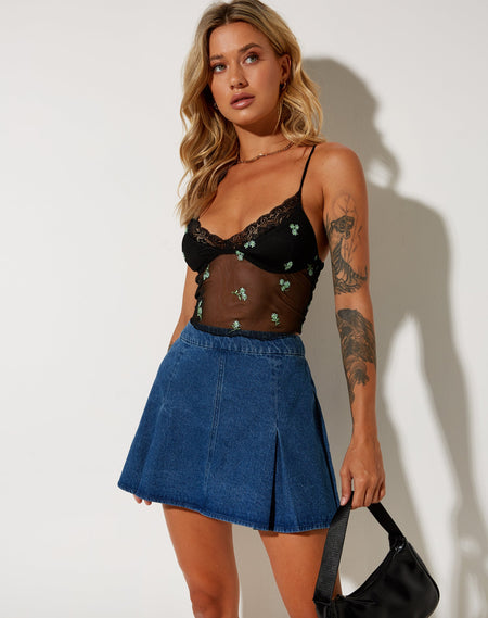 Zule Crop Top in Black Daisy Lime Embro