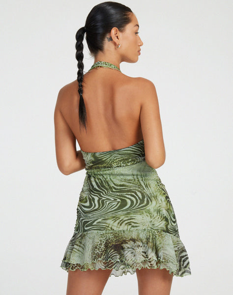 image of Yubila Mini Dress in Mesh Cheetah Green