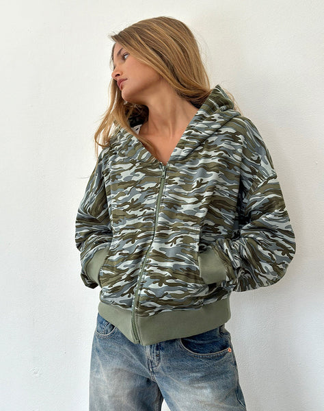 Image of Yukadi Zip Through Hoodie in Camouflage Green