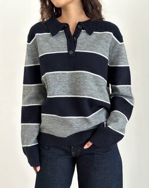 Image of Yusnada Oversized Rugby Jumper in Navy and Grey Stripe