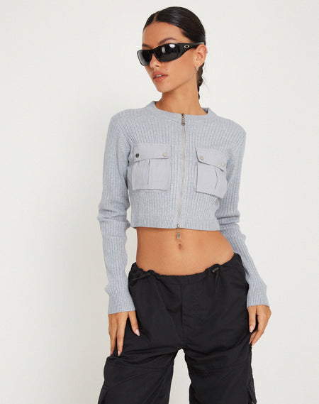 Radia Long Sleeve Off-Shoulder Zip Thru Jumper in Light Grey