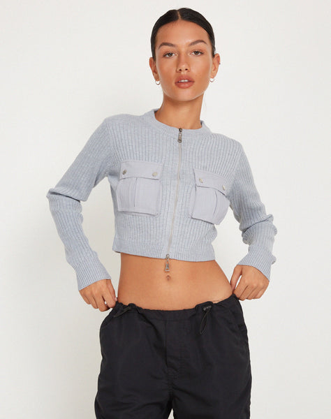 Image of Hamizah Rib Knit Zip Up Cropped Cardigan in Light Grey