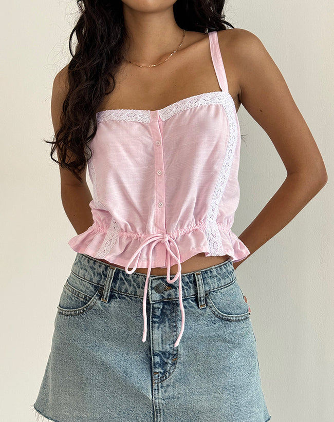 Image of Zaria Tie Front Top in Light Pink with White Trim