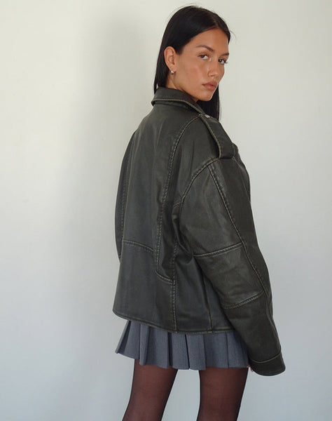 Image of Zebbie Distressed Biker Jacket in Olive