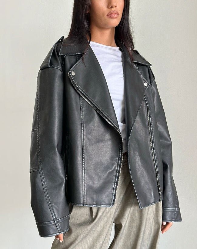 Image of Zebbie Distressed PU Biker Jacket in Black