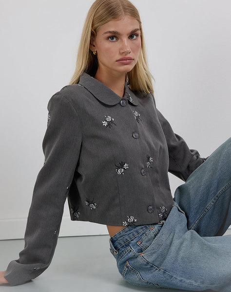 Image of Zedari Jacket in Floral Embroidery Tailoring Charcoal