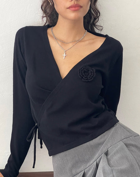 Circe Off-Shoulder Long Sleeve Knit Top in Black