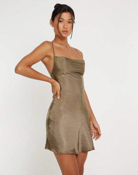 image of Zenita Mini Dress in Satin Dark Olive