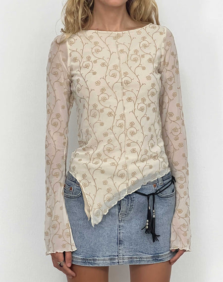 Sola Bardot Top in Beige Dainty Floral Flock