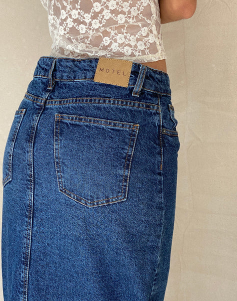 image of Low Rise Denim Maxi Skirt in Mid Blue Used