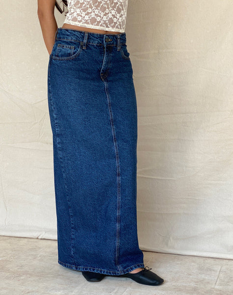 image of Low Rise Denim Maxi Skirt in Mid Blue Used