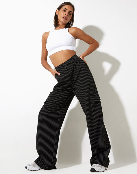 image of Abba Cargo Trouser in Pinstripe Black