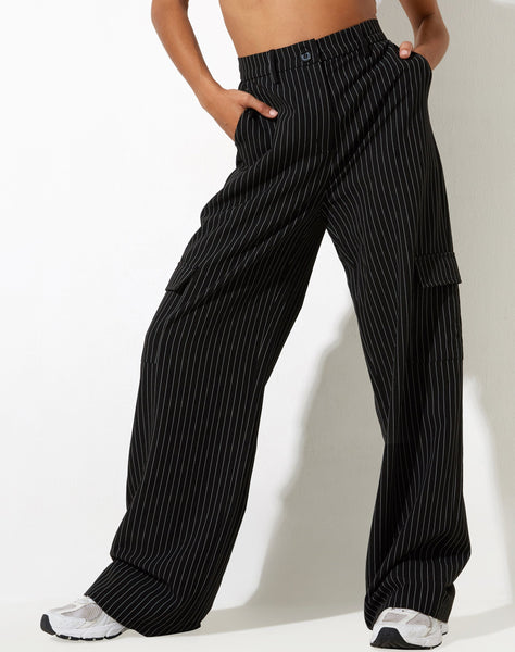 image of Abba Cargo Trouser in Pinstripe Black