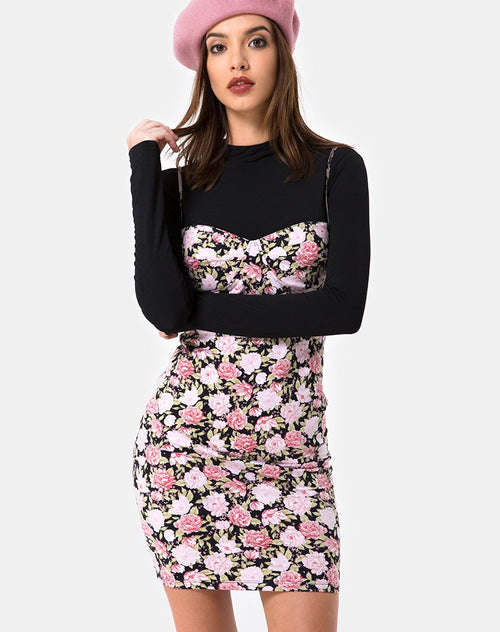 Alvina Bodycon Dress in Bloom Floral Black Base